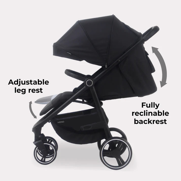 My Babiie MB160 Pushchair in Black Leopard with adjustable leg rest and fully reclinable backrest on a white background