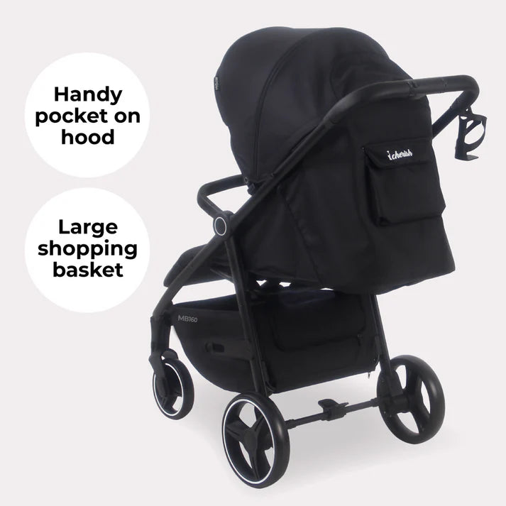 My Babiie MB160 Pushchair in Black Leopard with a large shopping basket and handy pocket on hood, on a light gray background.