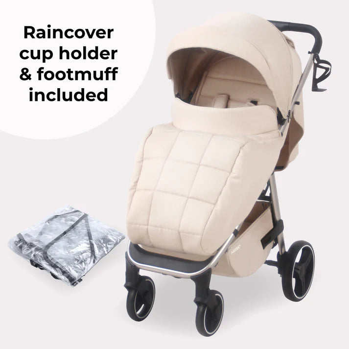 My Babiie MB160 Pushchair in Oatmeal with raincover and footmuff on a white background