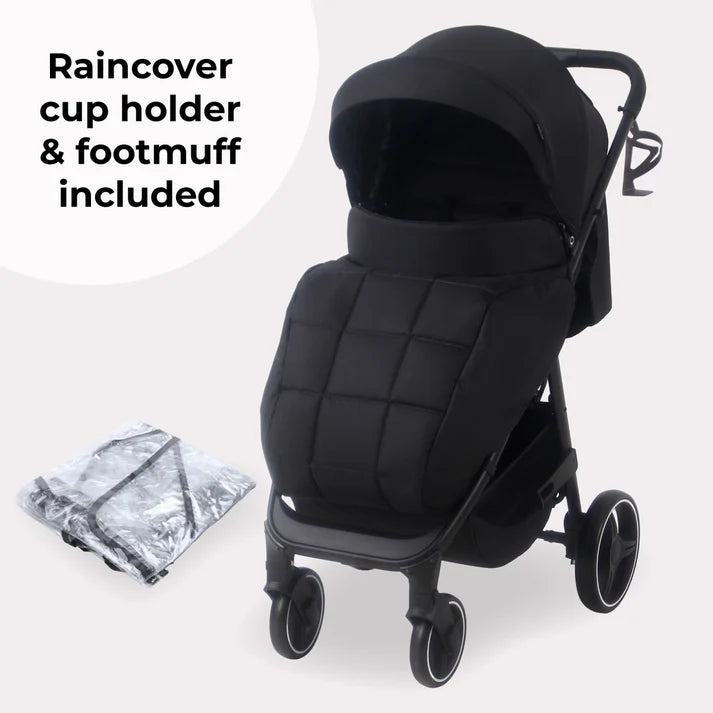 My Babiie MB160 Pushchair in Black Leopard with raincover, cup holder, and footmuff on a white background