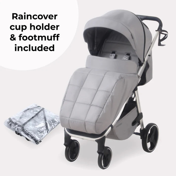 My Babiie MB160 in Grey Tropical with raincover and footmuff on a white background