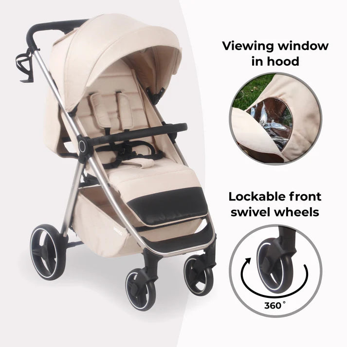 My Babiie MB160 Pushchair in Oatmeal with viewing window in hood and lockable front swivel wheels on a white background