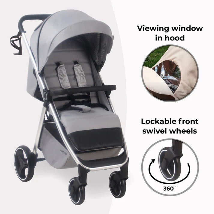 My Babiie MB160 in Grey Tropical stroller with features highlighted on a white background