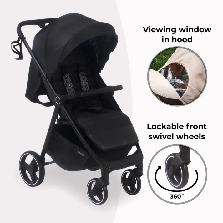 My Babiie MB160 Pushchair in Black Leopard with viewing window in hood and lockable front swivel wheels on a white background