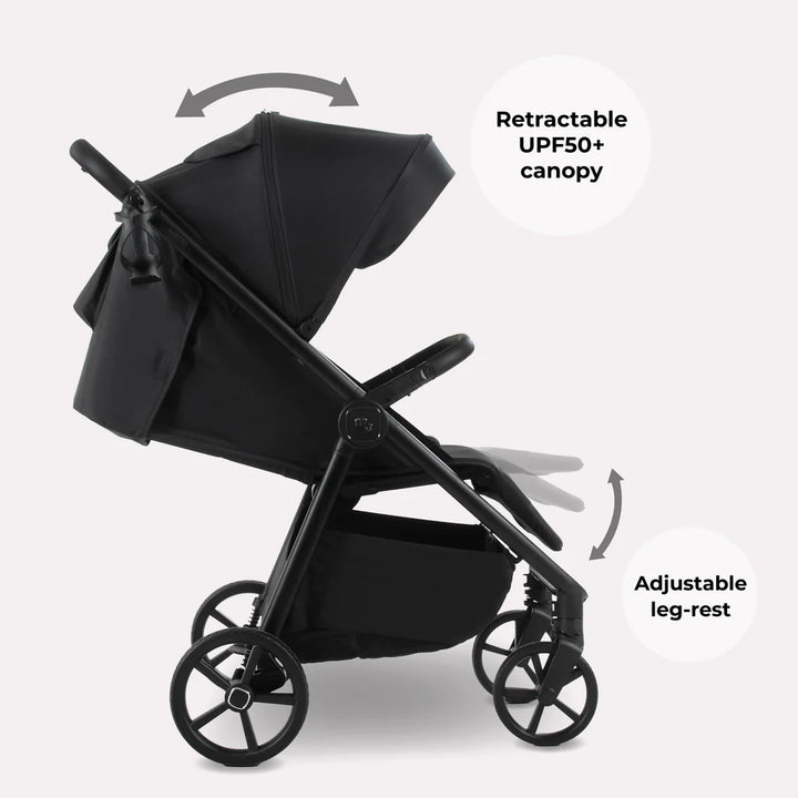 My Babiie MB170 Pushchair in Black with retractable canopy and adjustable leg-rest on a white background