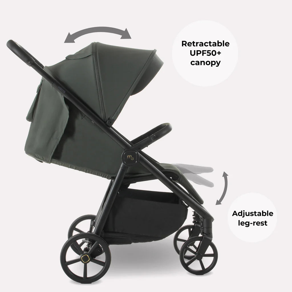 My Babiie MB170 Pushchair in Green with retractable canopy and adjustable leg-rest on a white background