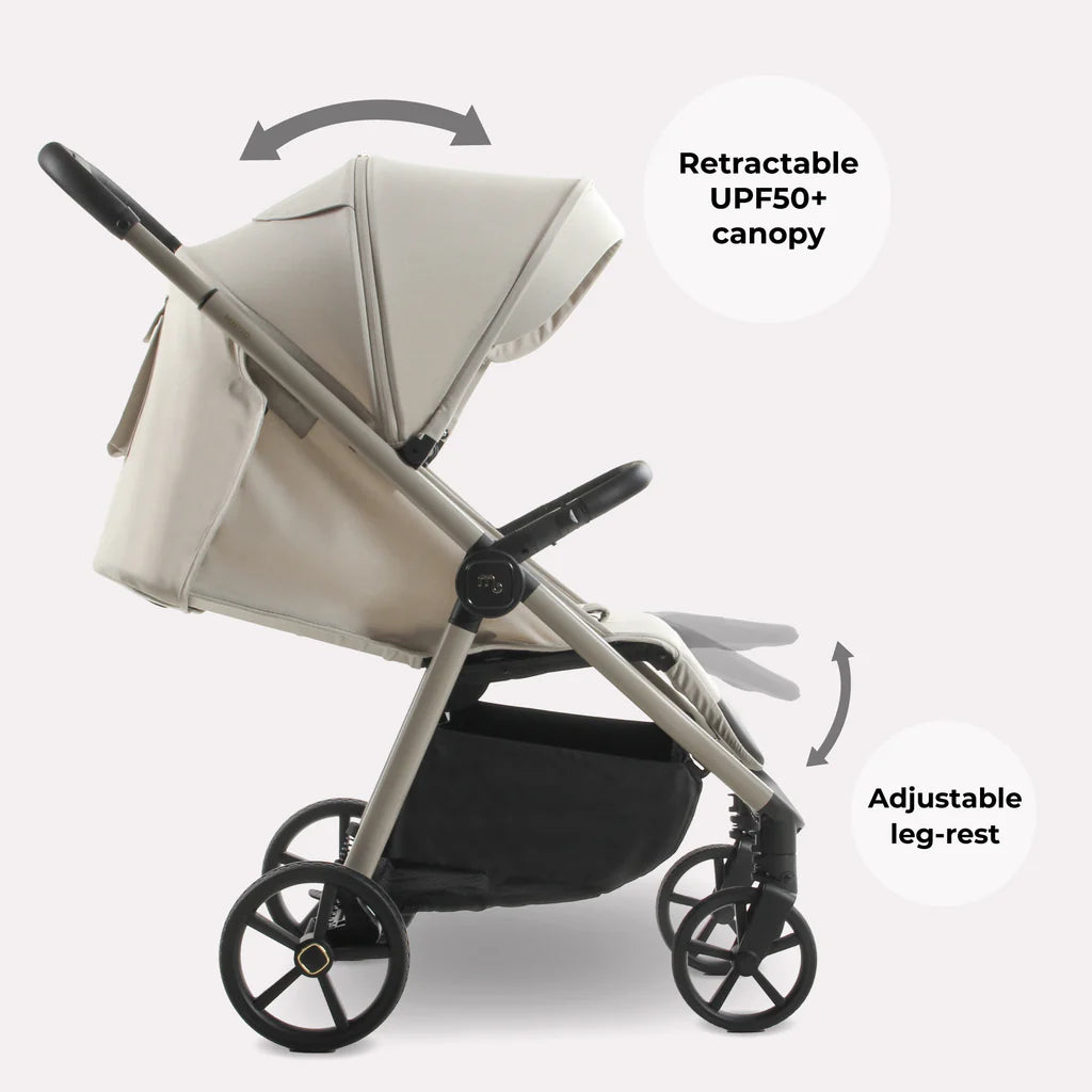 My Babiie MB170 Pushchair in Ivory with retractable canopy and adjustable leg-rest on a white background
