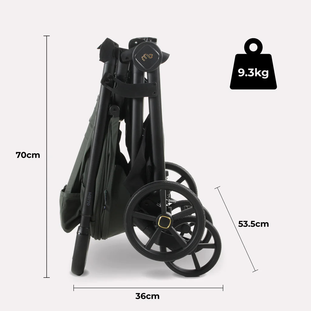 My Babiie MB170 Pushchair in Green folded with measurements and weight displayed on a white background