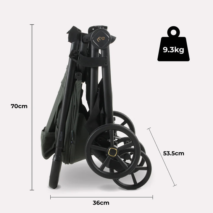 My Babiie MB170 Pushchair in Green folded with measurements and weight displayed on a white background