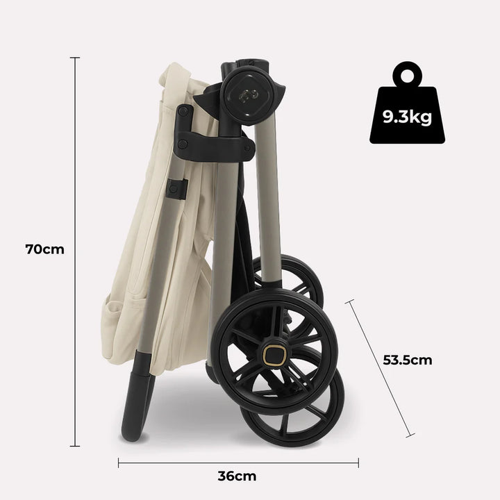 My Babiie MB170 Pushchair in Ivory Folded  with measurements and weight displayed on a white background