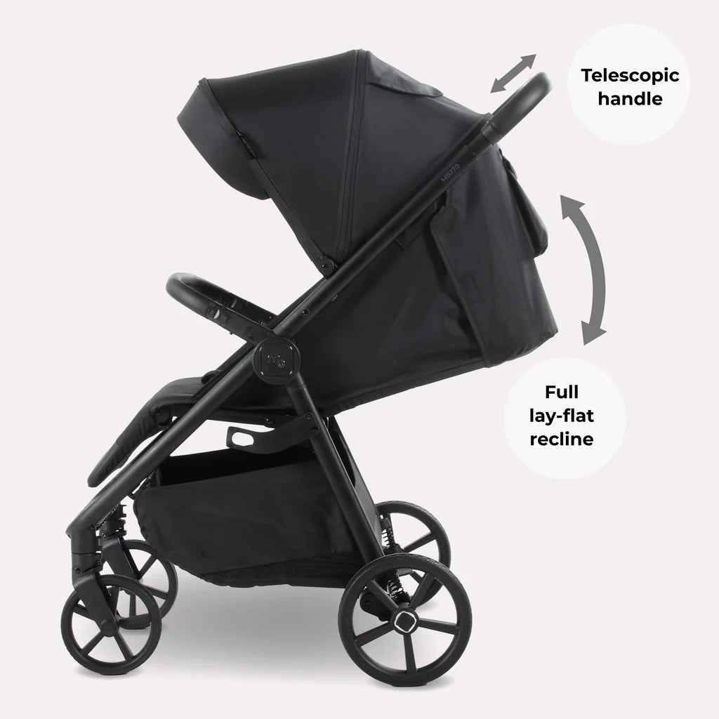 My Babiie MB170 Pushchair in Black with telescopic handle and full lay-flat recline feature on a white background
