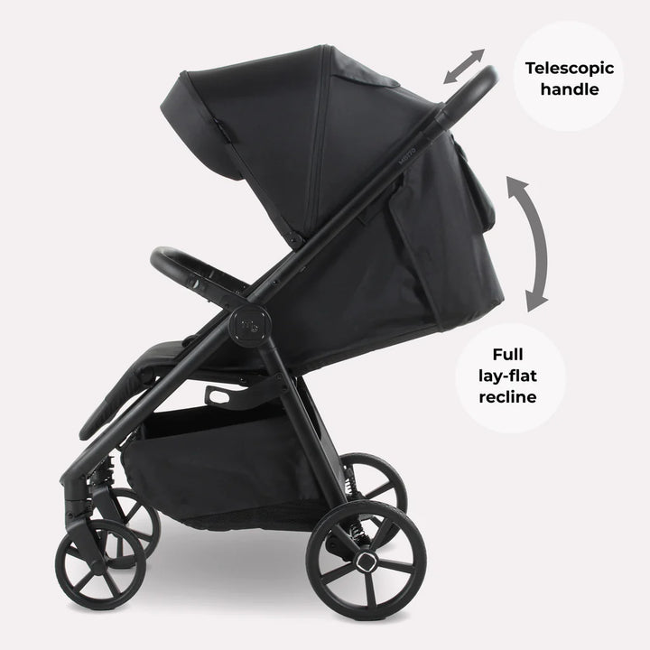 My Babiie MB170 Pushchair in Black with telescopic handle and full lay-flat recline feature on a white background
