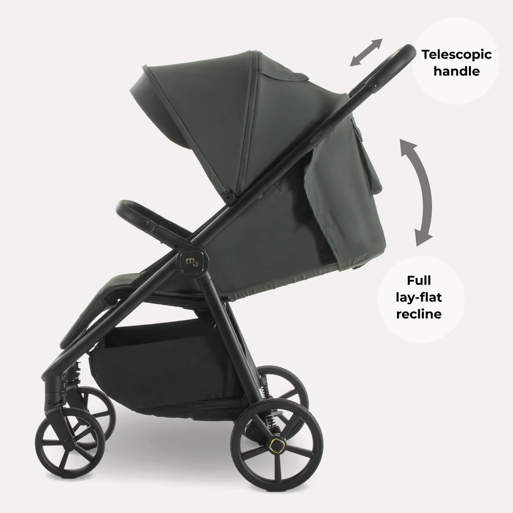 My Babiie MB170 Pushchair in Green with telescopic handle and full lay-flat recline feature on a white background
