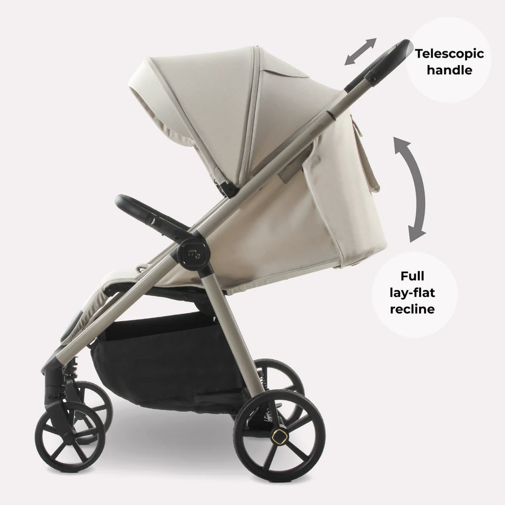 My Babiie MB170 Pushchair in Ivory with telescopic handle and full lay-flat recline feature on a white background