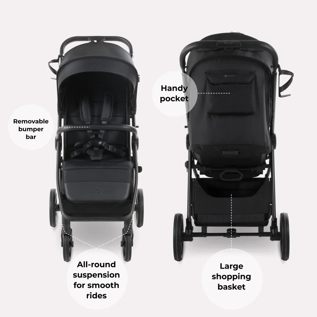 My Babiie MB170 Pushchair in Black with features highlighted on a white background