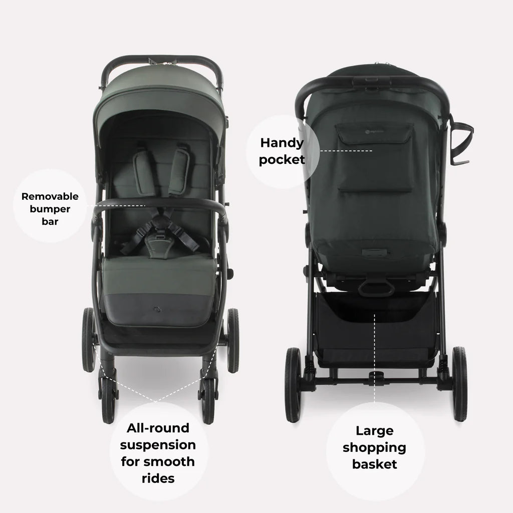 My Babiie MB170 Pushchair in Green with labeled features on a white background