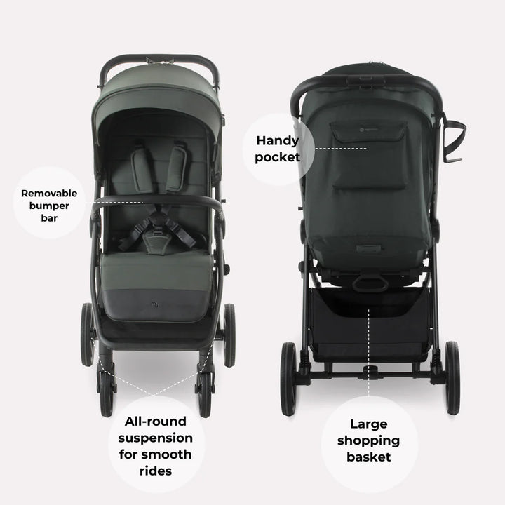 My Babiie MB170 Pushchair in Green with labeled features on a white background