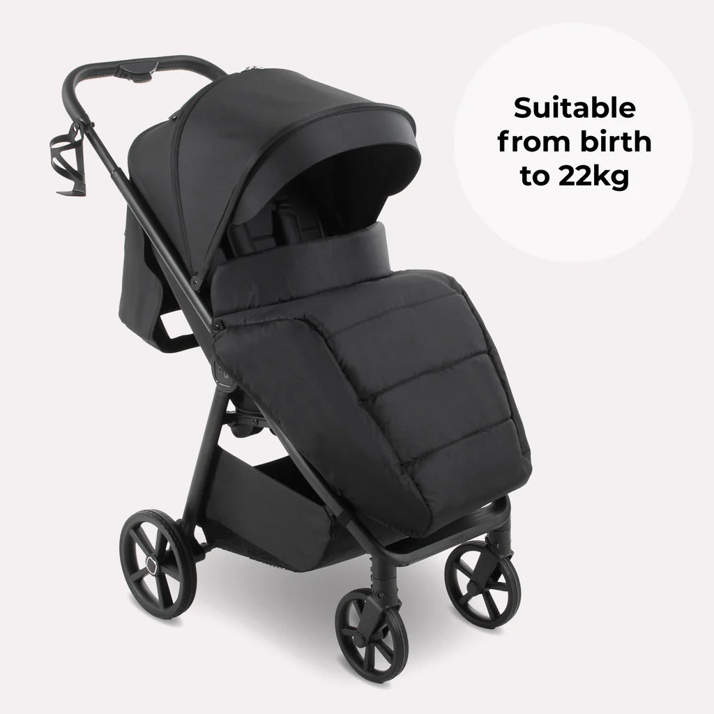 My Babiie MB170 Pushchair in Black with a text indicating suitability from birth to 22kg on a white background