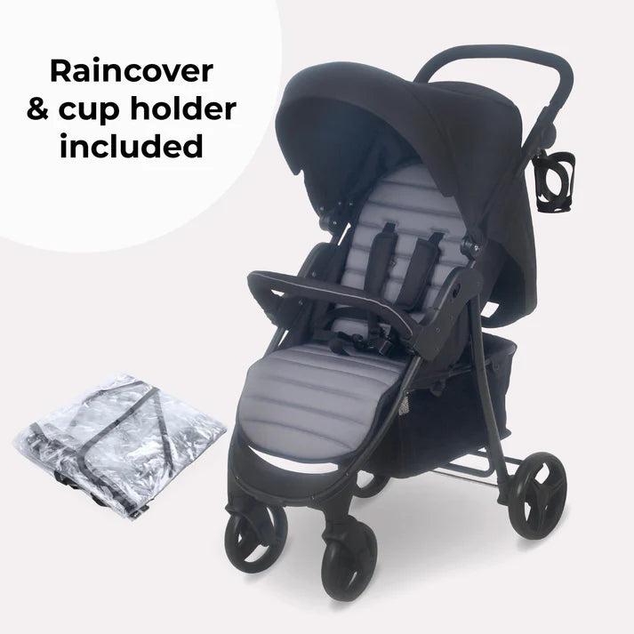 My Babiie MB30 Black and grey stroller with raincover and cup holder on a white background