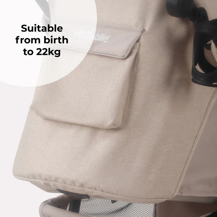 My Babiie MB30 Oatmeal Pushchair with text indicating suitability from birth to 22kg on a white background
