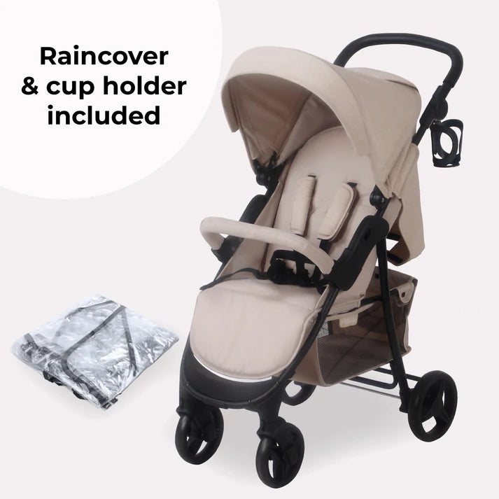 My Babiie MB30 Oatmeal Pushchair with raincover and cup holder on a white background