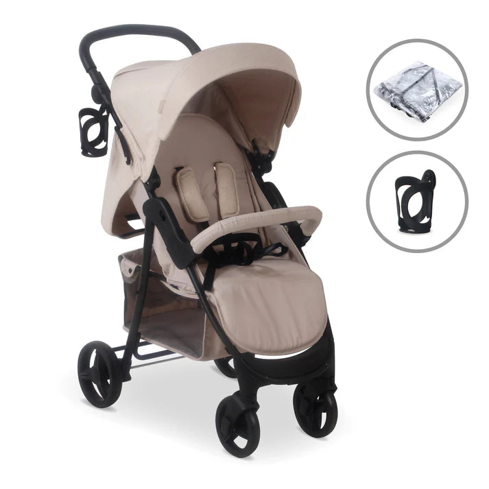 My Babiie MB30 Oatmeal Pushchair with accessories on a white background