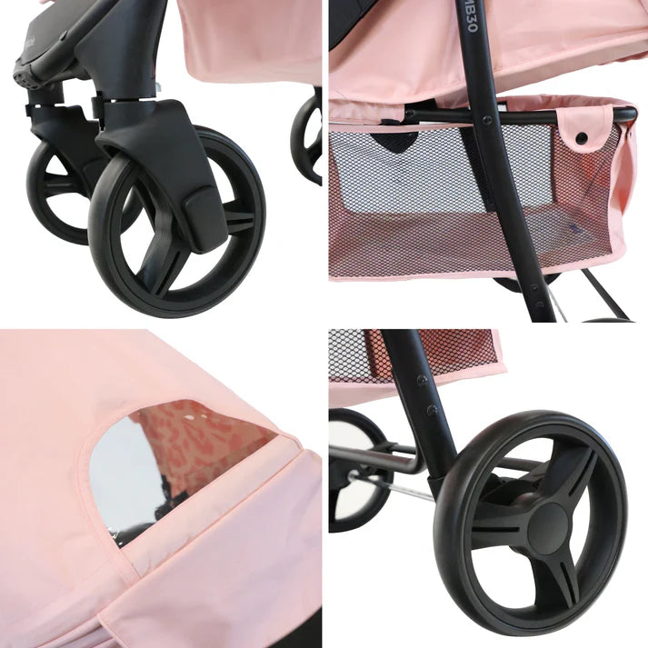 My Babiie MB30 Pink Leopard Pushchair Collage with close-up details on wheels, mesh pocket, and canopy.