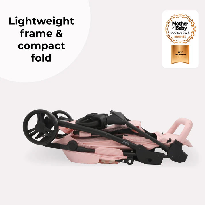 My Babiie MB30 Pink Leopard Pushchair folded with 'Mother & Baby Awards 2023 Bronze' badge