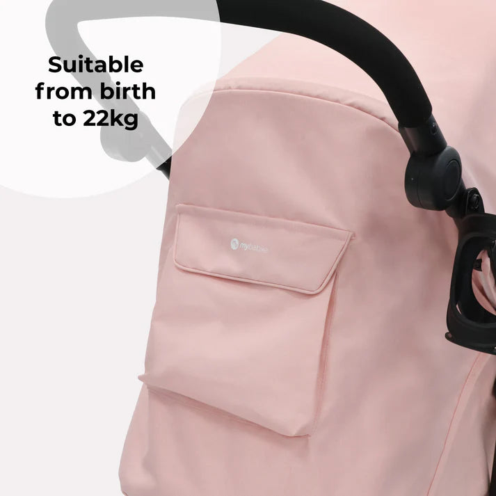 My Babiie MB30 Pink Leopard Pushchair with a pocket and text indicating suitability from birth to 22kg.