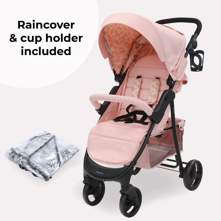 My Babiie MB30 Pink Leopard Pushchair with raincover and cup holder on a white background