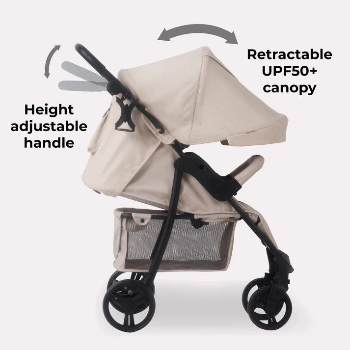 My Babiie MB30 Oatmeal Pushchair with height adjustable handle and retractable UPF50+ canopy on a white background