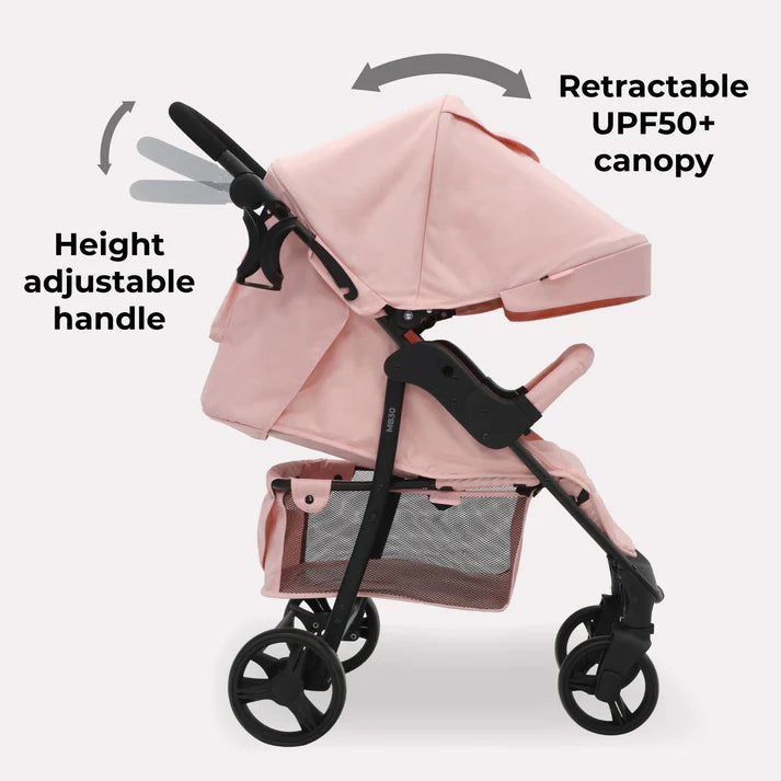 My Babiie MB30 Pink Leopard Pushchair with height adjustable handle and retractable UPF50+ canopy on a white background