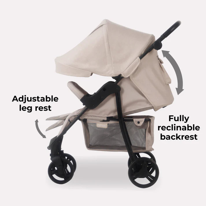 My Babiie MB30 Oatmeal Pushchair with adjustable leg rest and fully reclinable backrest on a white background