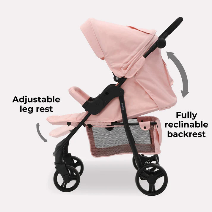 My Babiie MB30 Pink Leopard Pushchair with adjustable leg rest and fully reclinable backrest on a white background