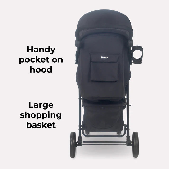 My Babiie MB30 Black & Grey Pushchair with a large shopping basket and handy pocket on the hood