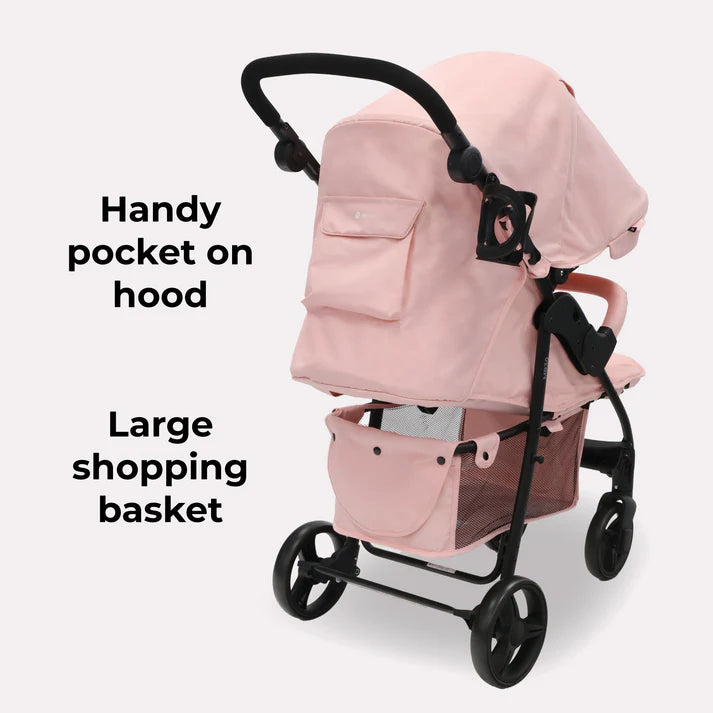 My Babiie MB30 Pink Leopard Pushchair with a large shopping basket and handy pocket on the hood, on a white background.