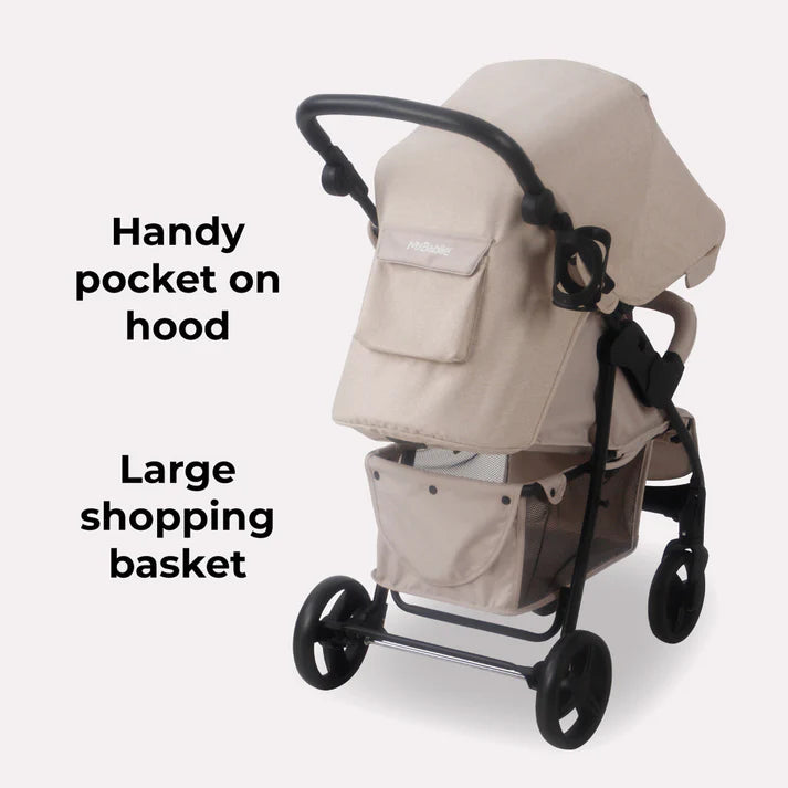 My Babiie MB30 Oatmeal Pushchair with a large shopping basket and handy pocket on hood on a white background