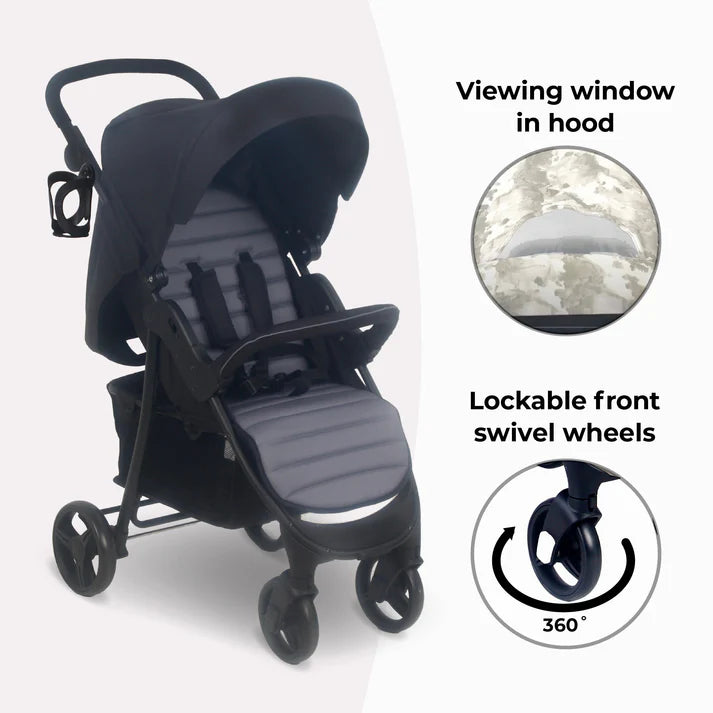 My Babiie MB30 Black & Grey Pushchair with viewing window in hood and lockable front swivel wheels