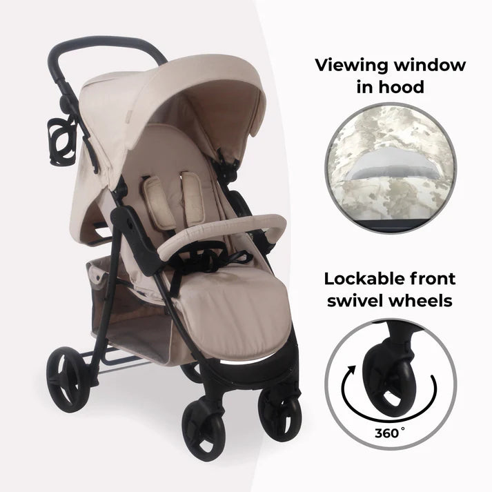 My Babiie MB30 Oatmeal Pushchair with viewing window in hood and lockable front swivel wheels on a white background