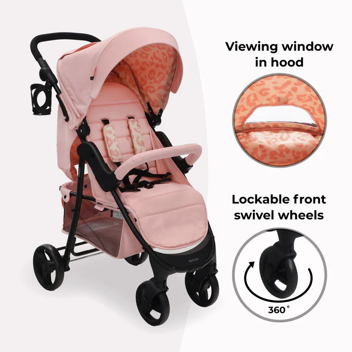 My Babiie MB30 Pink Leopard Pushchair with features highlighted on a white background