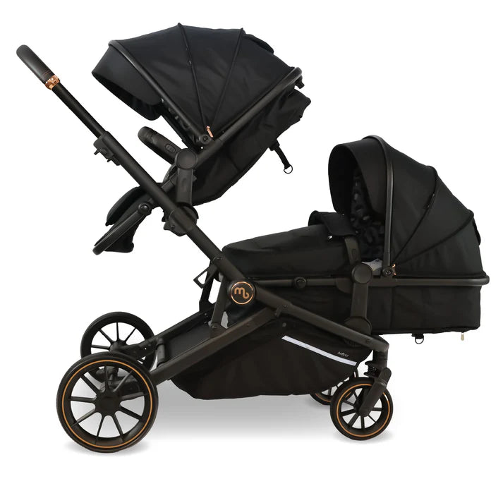 My Babiie MB33 Tandem Pushchair in Black Leopard with seat unit and carryot