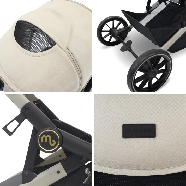 Collage of My Babiie MB33 Tandem Pushchair with close-up details on a white background