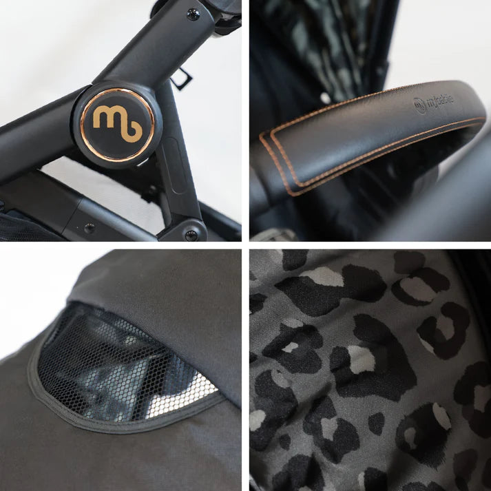 My Babiie MB33 Tandem Pushchair in Black Leopard Collage of close-up details of a product with brand logo and design elements.