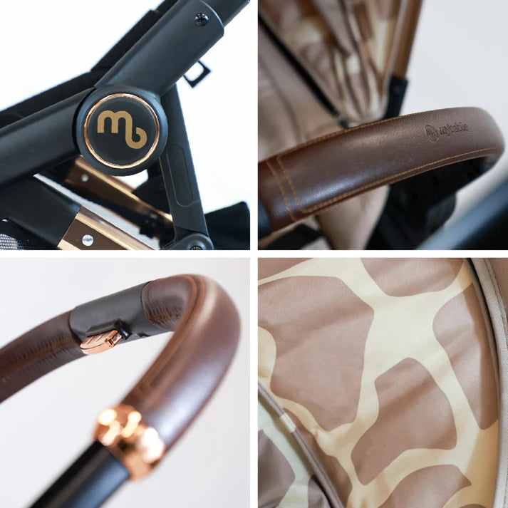 Collage of My Babiie M33 Tandem pushchair in Giraffe with close-up details including a brand logo, handle, and seat cover.