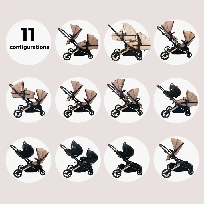 My Babiie MB33 3 in 1 Travel System in Giraffe Illustrations of various configurations on a beige background.