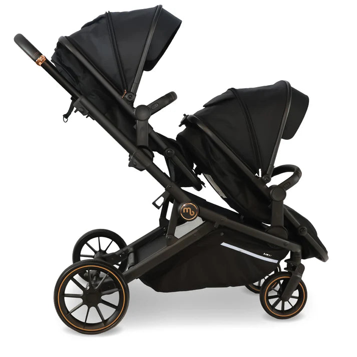 My Babiie MB33 Tandem Pushchair in Black Leopard with 2 seat units world facing