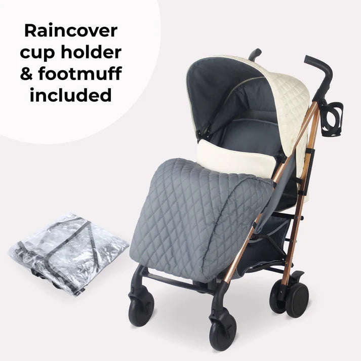 My Babiie MB51 Quilted Champagne stroller with raincover, cup holder, and footmuff on a white background