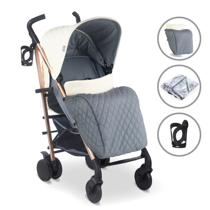 My Babiie MB51 Quilted Champagne stroller with accessories on a white background