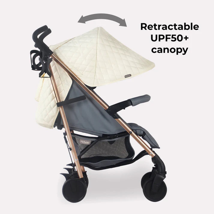 My Babiie MB51 Quilted Champagne stroller with a retractable UPF50+ canopy on a white background