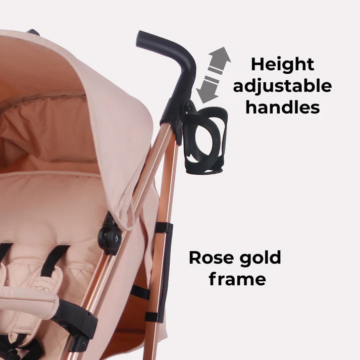 My Babiie MB51 Stroller Rose Gold Blush with height adjustable handles on a white background